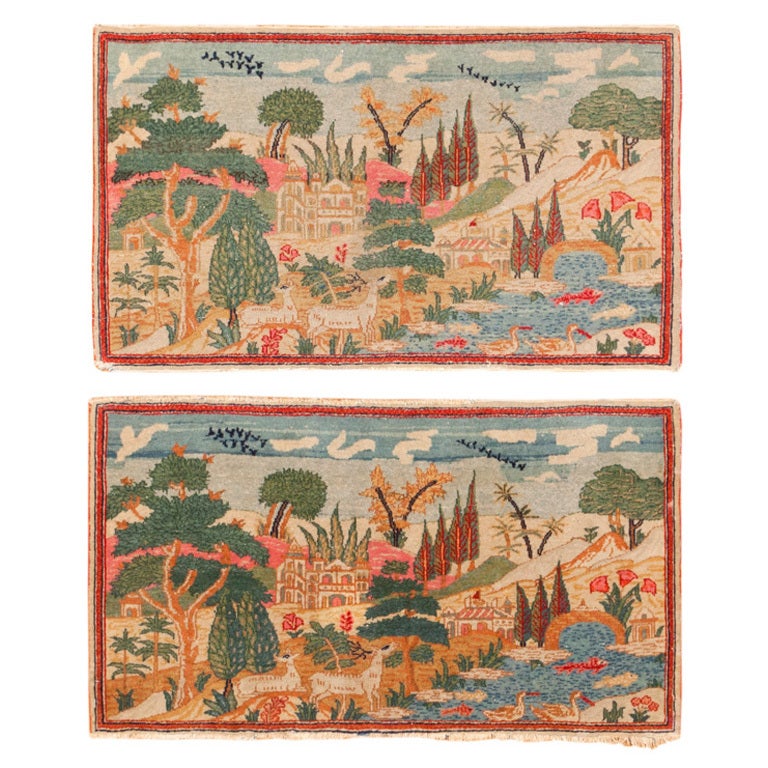 Pair of Pictorial Antique Kashan Rugs. Size: 1 ft 8 in x 2 ft 10 