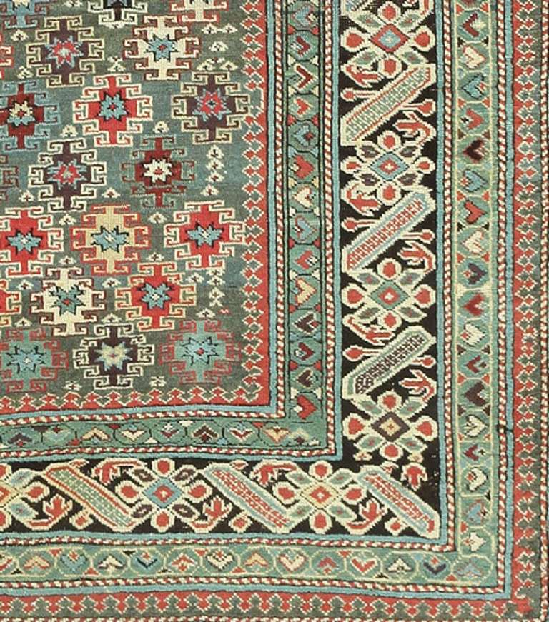 Hand-Knotted Rare Green Background Antique Caucasian Chi Chi Rug