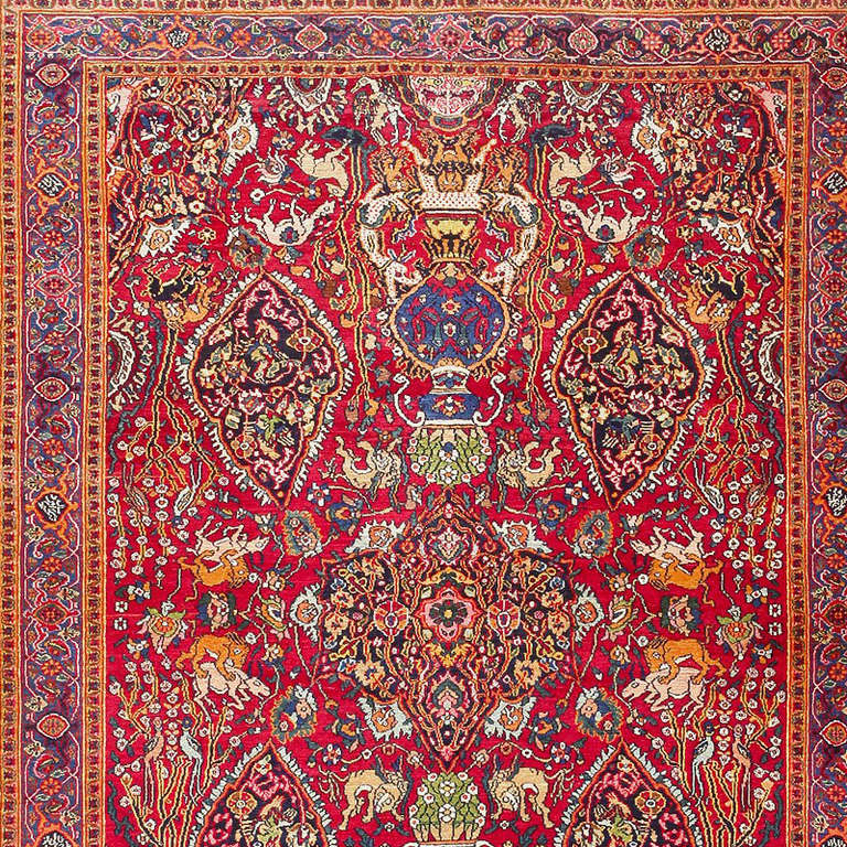 Antique Persian Khorassan Carpet with Animal Hunting Scene Design