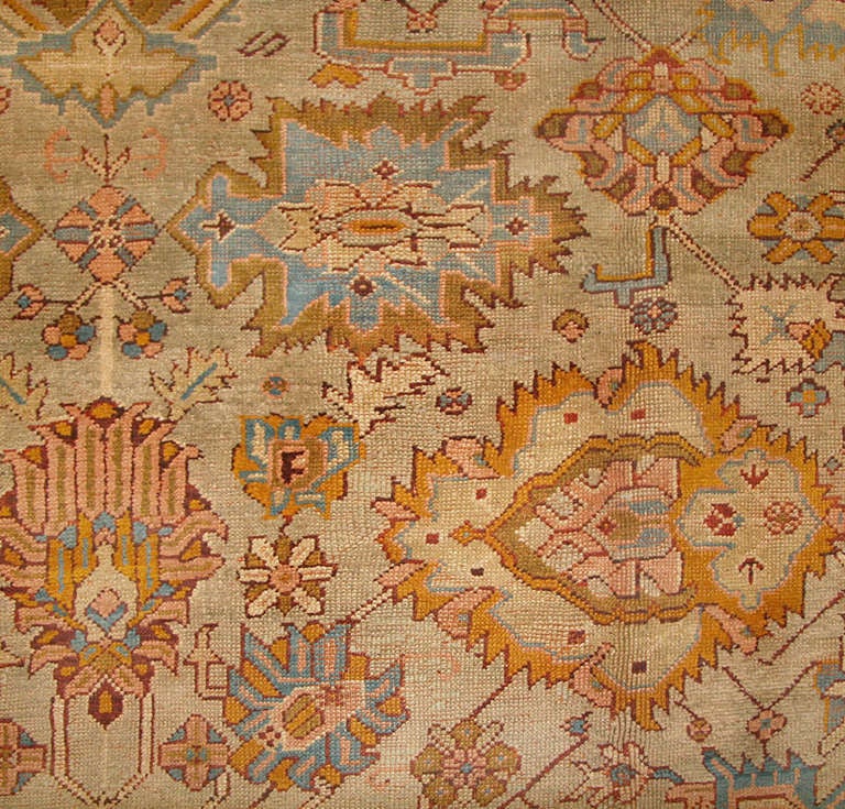 Antique Oushak / Ushak, Turkey, late nineteenth century.
This lovely antique Oushak is unusually detailed in its treatment of the Classical palmette design. The various forms are richly articulated with complex linear contours and multi-colored