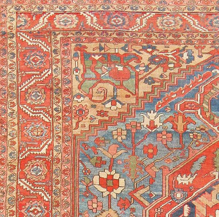 Heriz carpets are among the most recognizable rugs of Iran because of their distinctive monumental designs and the expressive power of their angular drawing. They tend to have strong medallion designs accented through the use of color, but allover