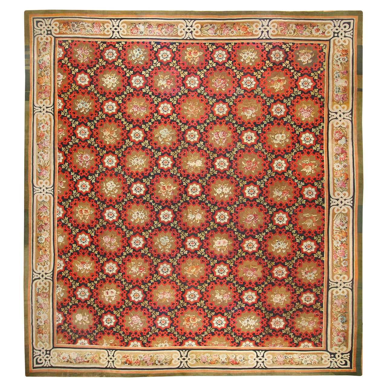 Antique French Aubusson Rug. Size: 17 ft x 18 ft 5 in For Sale