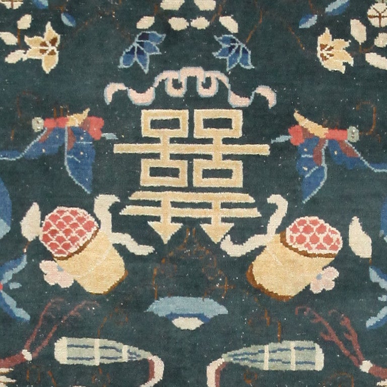 Rare Antique Dark Green Chinese Rug In Excellent Condition In New York, NY