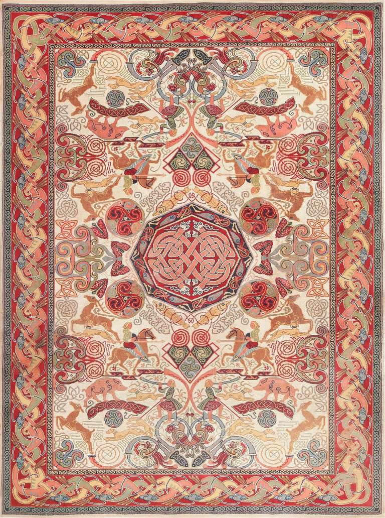 Here is an absolutely captivating vintage rug - a mid-century work resplendent with Celtic symbolism, designed by the noted Scottish artist George Bain. Bain - who is widely considered to be the ‘father of modern Celtic design’ - has pulled all the