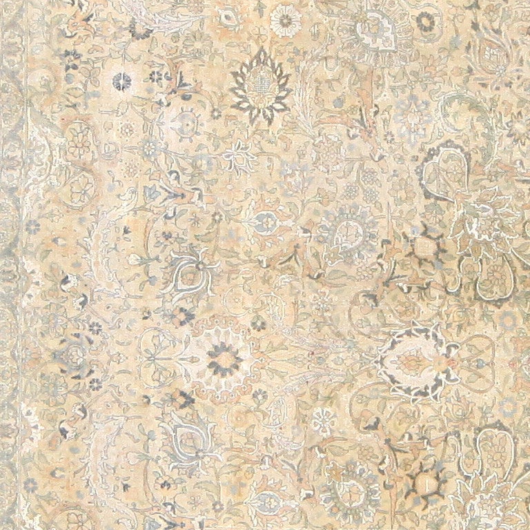 Antique Tehran Carpet, Persia, 1920 -- Ethereal beauty is reflected in this antique Tehran carpet, reminiscent of clear and fresh pools or delicate morning mists. A frosty chiffon shade blends with the surrounding hues of delicate sage and pale