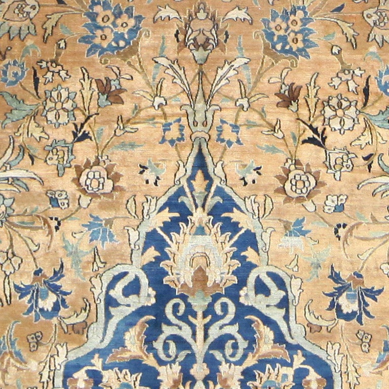 Antique Khorassan carpet, Persia, 1920 -- Regal beauty, majestic design, and breathtakingly Fine detail define this magnificent antique Khorassan carpet. Intricate borders dominated by complex floral motifs against a deep blue base frame an