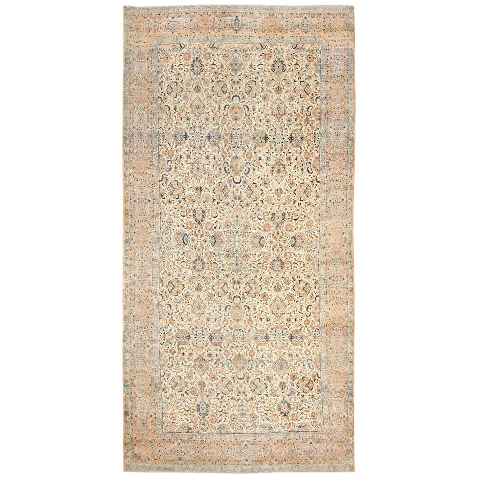 Antique Ivory Background Oversized Persian Kerman Carpet