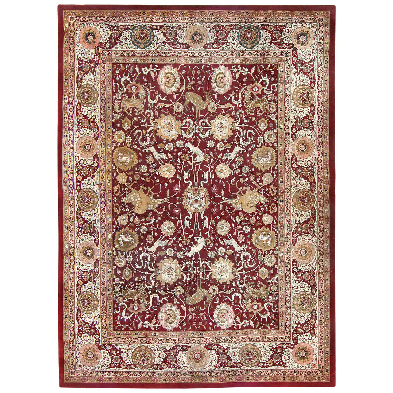 Animal Patterned Room Sized Antique Indian Agra Rug For Sale at 1stdibs