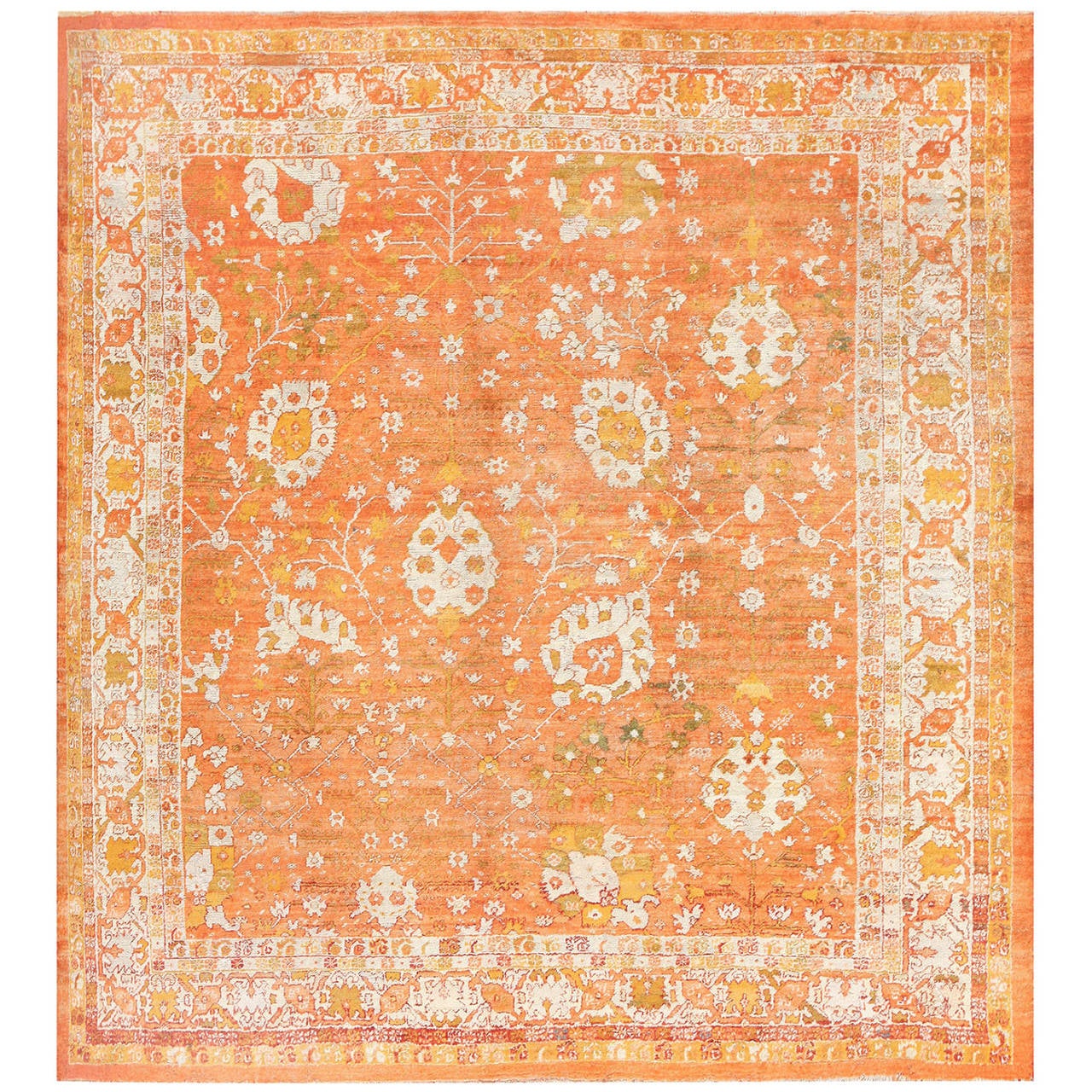 Orange Background Angora Antique Turkish Oushak Rug at 1stDibs
