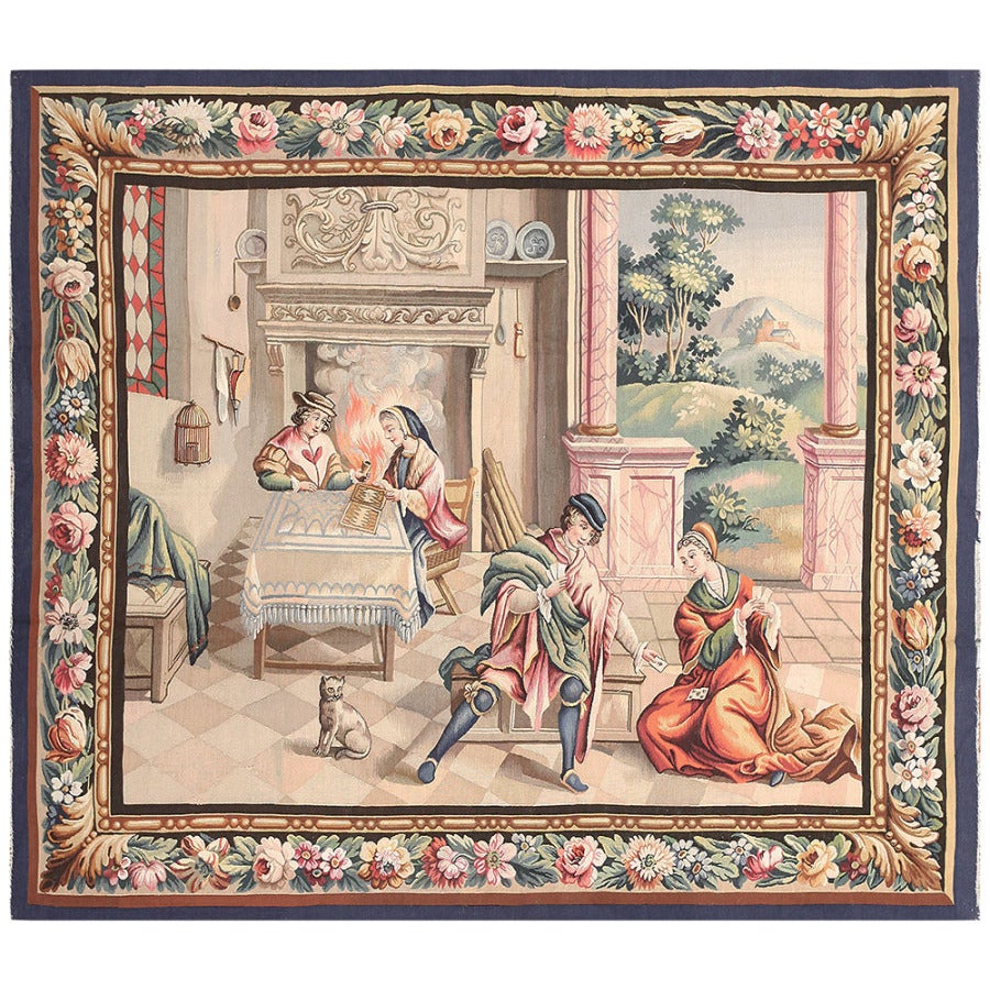 Small Figurative Vintage Portuguese Tapestry. Size 3 ft 10 in x 3 ft