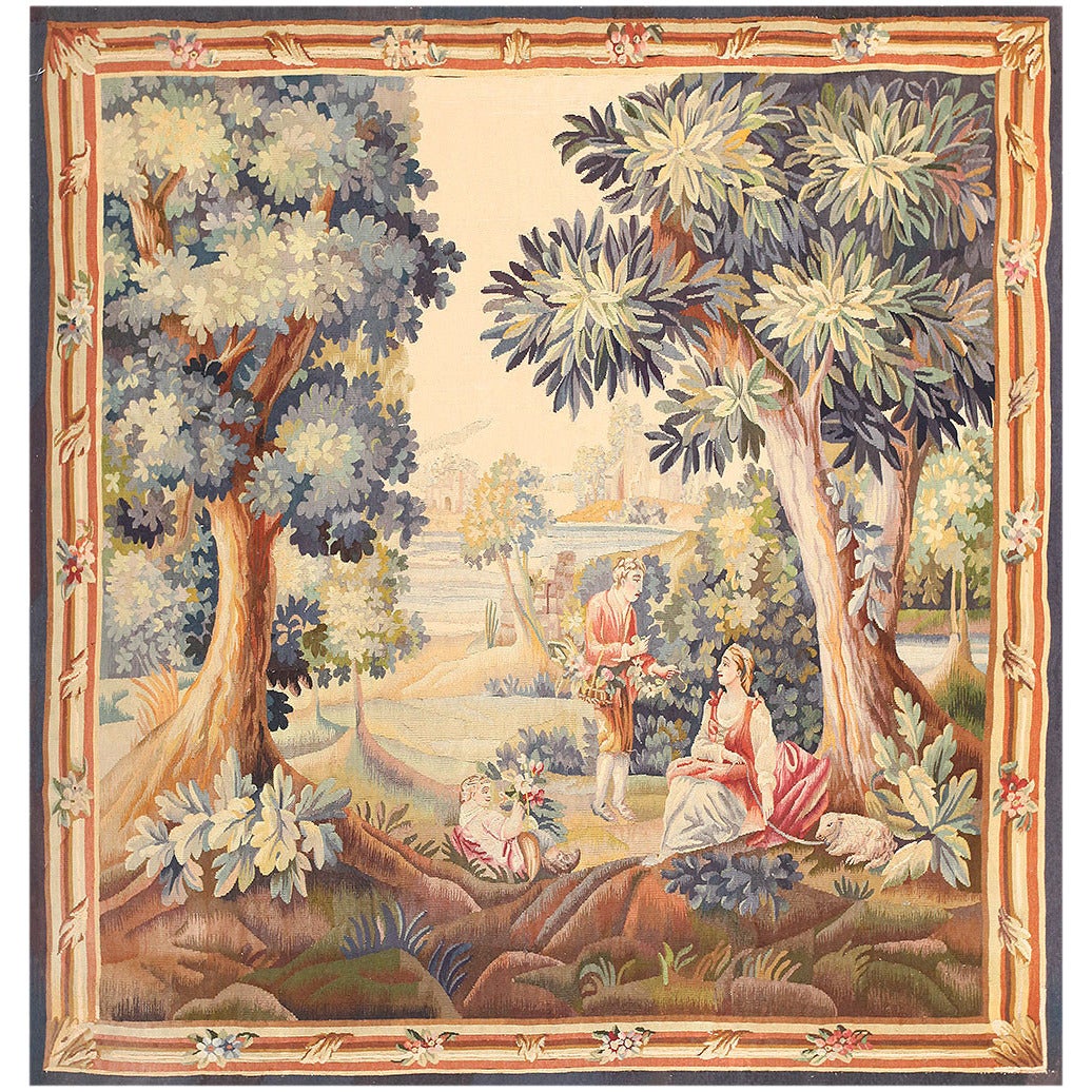 Lovely Pastoral Silk and Wool Antique French Tapestry For Sale at 1stdibs