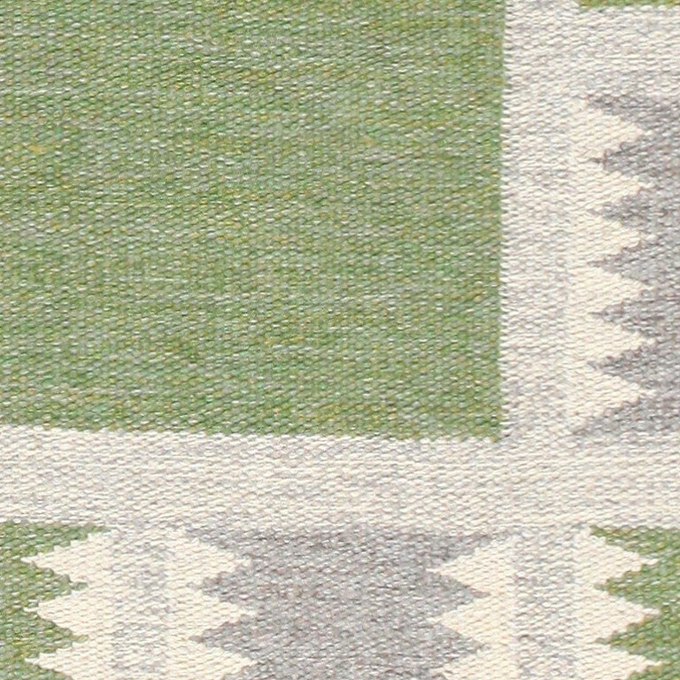 Green Background Vintage Swedish Kilim by Birgitt Sodergren In Excellent Condition In New York, NY