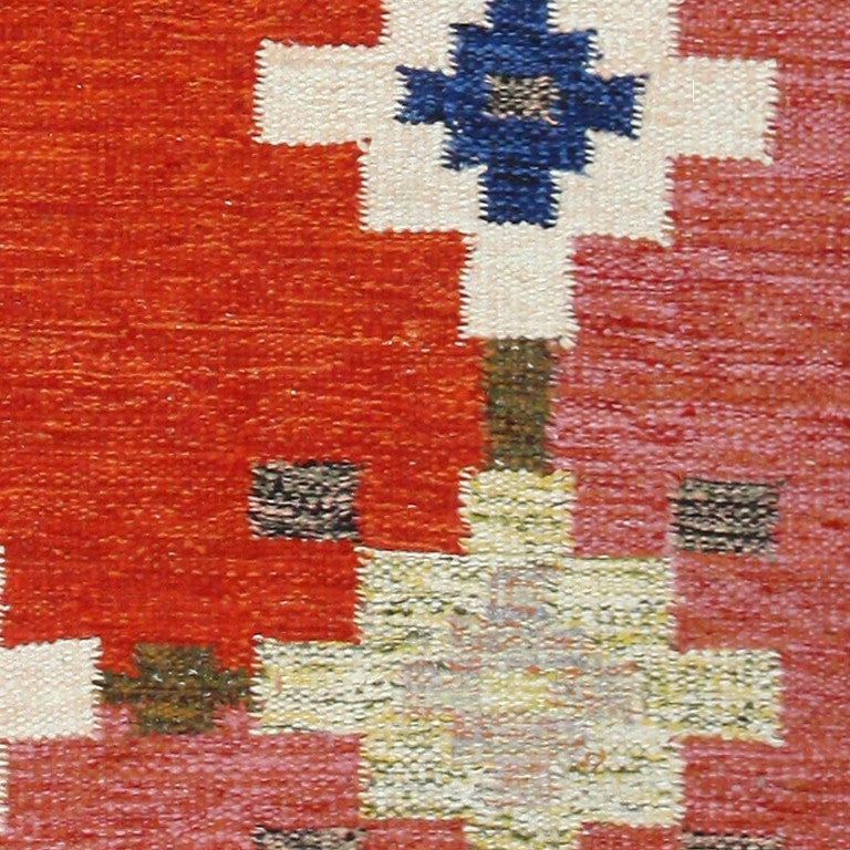 Vintage Kilim, Country of Origin: Sweden, Circa Mid 20th Century -- Reflecting its Swedish theme and style, this carpet showcases a pleasant style, one that is simplistic in color and form. A single thin gray border surrounds the kilim before giving