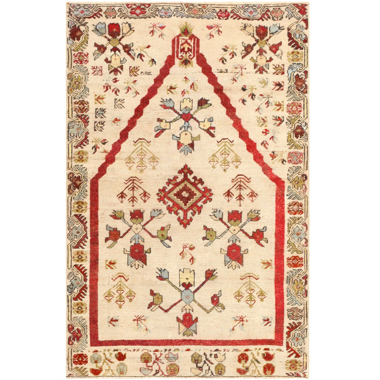Small Antique Ivory Turkish Kirshehir Prayer Rug. Size: 3 ft 4 in x 5 ft