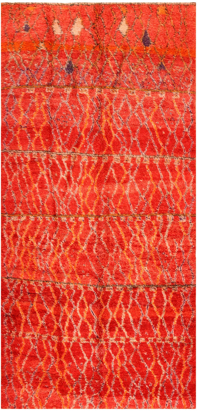 Red Vintage Moroccan Rug, Morocco, Mid-20th Century - Here is a beautifully composed and exceedingly appealing vintage carpet - a vintage Moroccan rug, woven in the mid-twentieth century. While mid-century Moroccan rugs are generally characterized