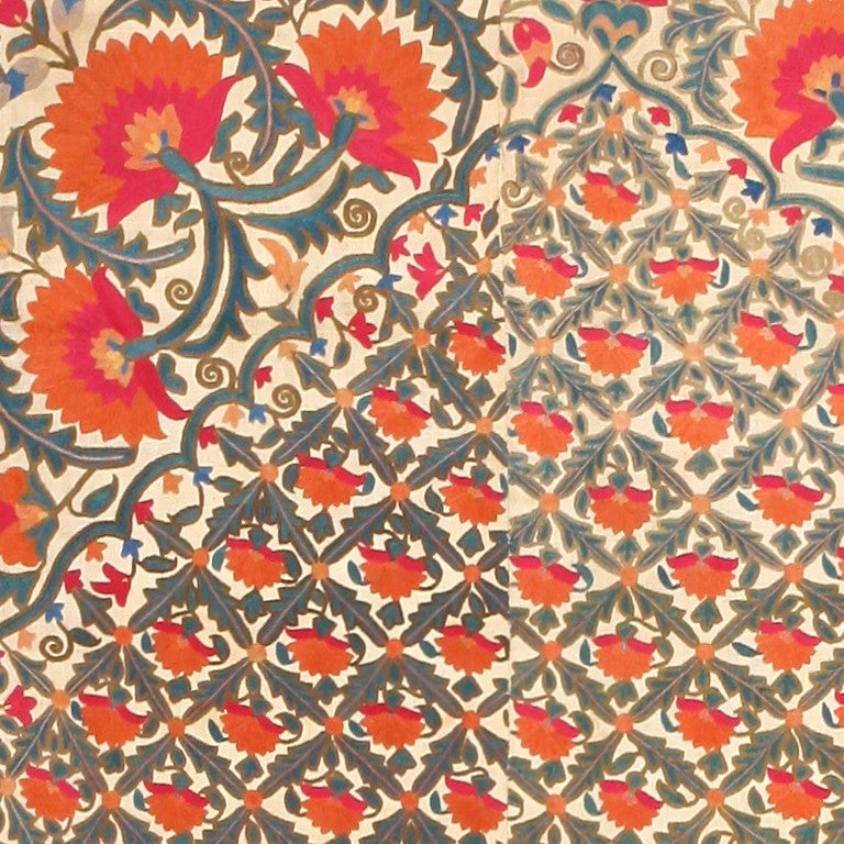 Suzani textiles are specific styles of antique embroidered textiles produced in Kazakhstan, Tajikistan andUzbekistan. They are embroidered and then multiple pieces are stitched together. The stitches used are primarily buttonhole, chain and stain.