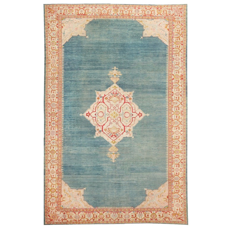 Breathtaking Light Blue Antique Turkish Oushak Rug For Sale at 1stdibs