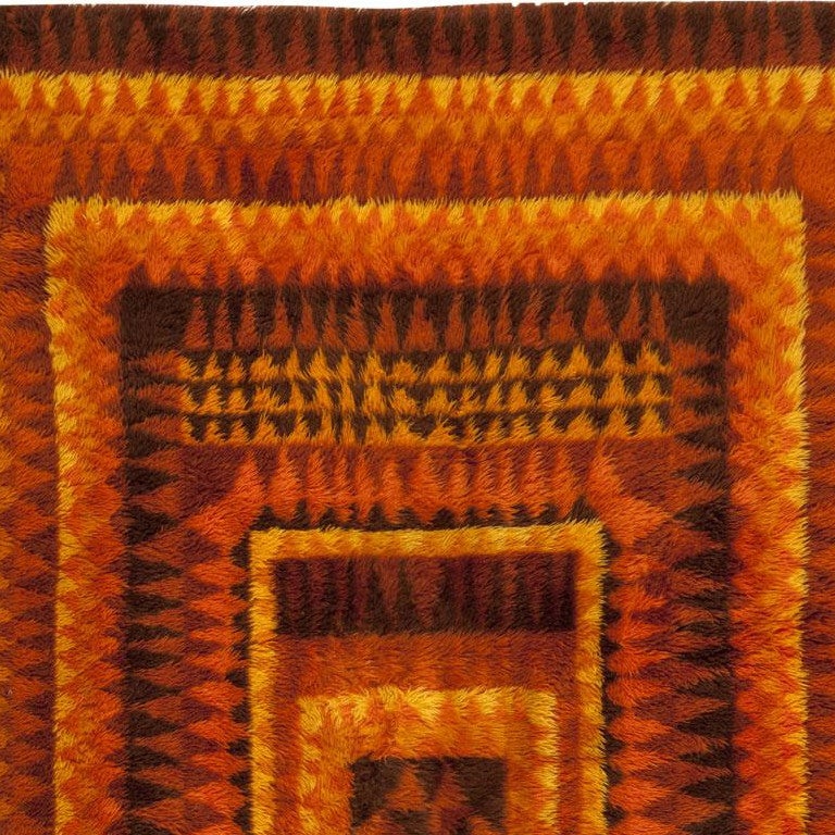 Rya Rug, Scandinavia, Mid 20th Century - This fabulous vintage Rya created in Scandinavia features layers of enigmatic patterns rendered in a limited spectrum of warm golden-brown colors that capture a gamut of values ranging from woolen brown and