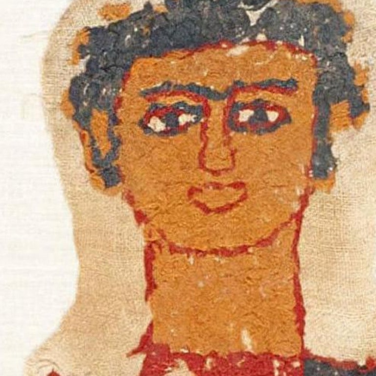 Created in Egypt, this early Coptic textile depicts a primitive portrait with perspective flattening and a spirited style that is alluring and whimsical. The bold augmented palette of primary colors includes warm ochre skin, clear white eyes,