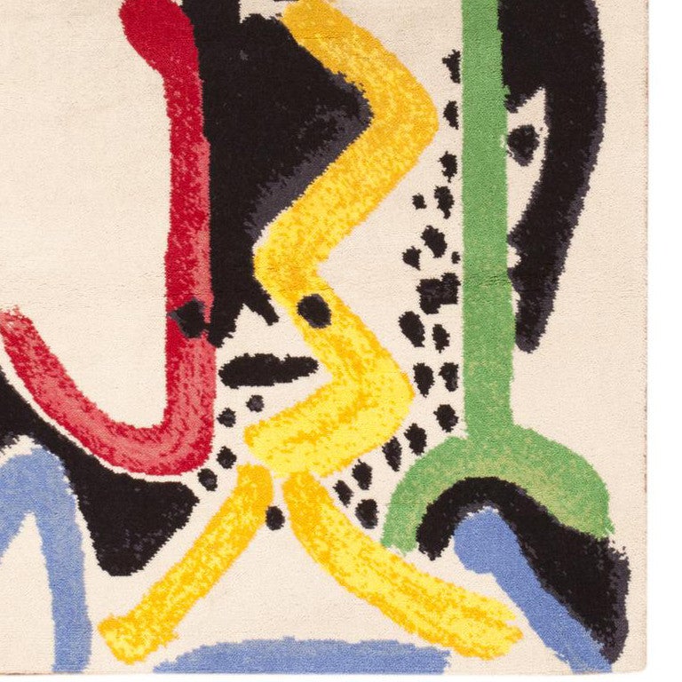 This definitive Mid-Century art carpet immortalizes a colorful portrait created by Pablo Picasso, one of the most popular artists of all time. This quintessential Picasso rug features distorted cubist faces, which are an ongoing theme in Picasso's
