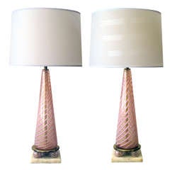 Good Pair of Pink Striped & Gold Aventurine Glass Lamps; by Dino Martens