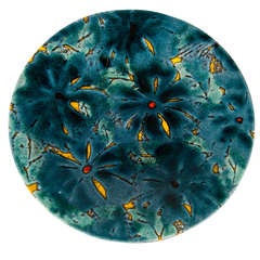 English Ceramic Platter with Yellow and Red Flowers on Blue Background, Marked c