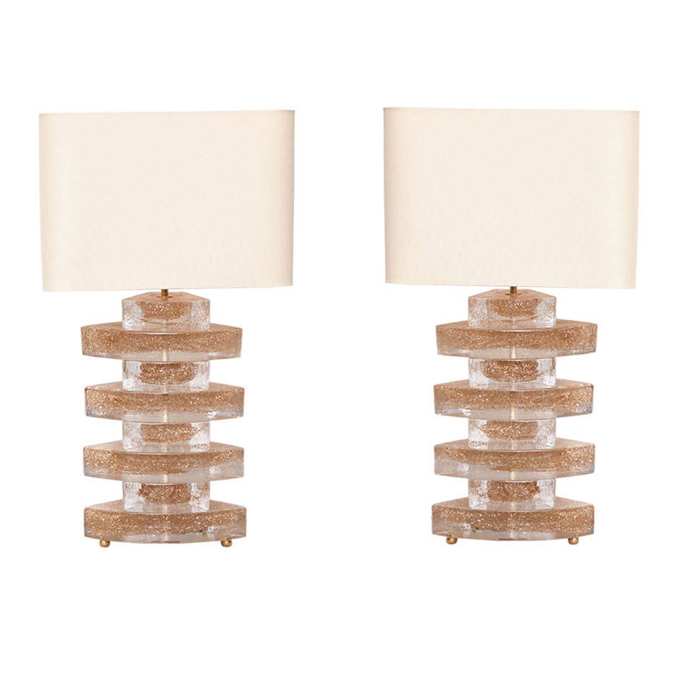 Pair of Deco Murano Table Lamps in Solid Gold Dust, Murano Blocks