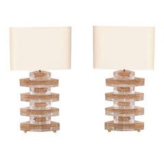 Pair of Deco Murano Table Lamps in Solid Gold Dust, Murano Blocks