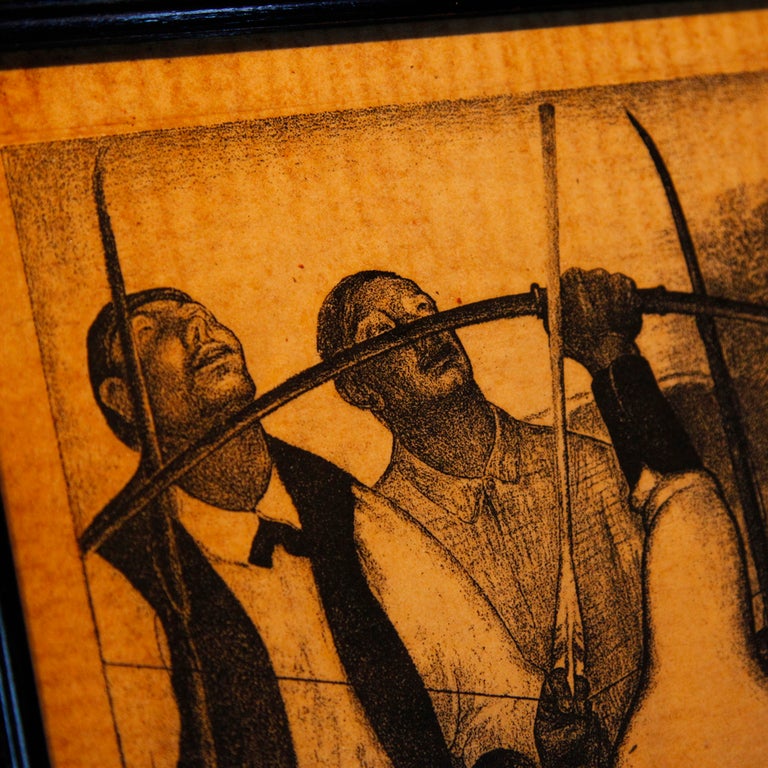 Wonderful print by Maurice Langaskens, circa 1940, depicting a group of three men engaged in archery.