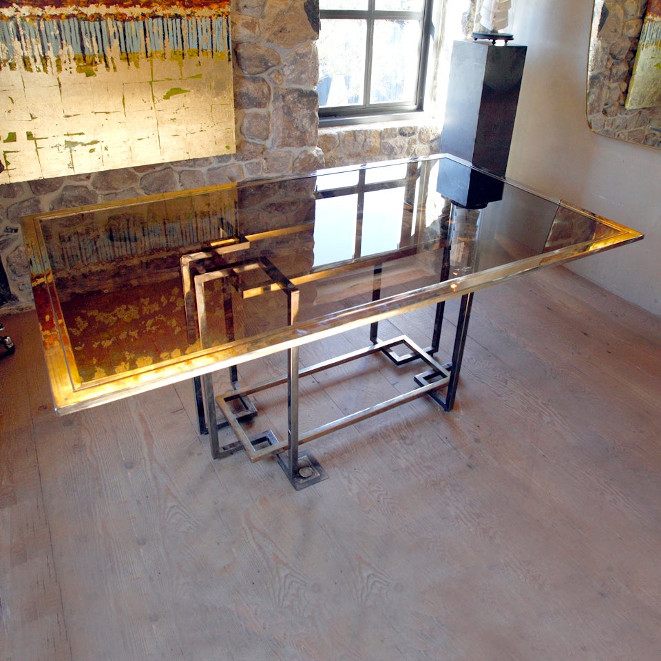 Glass and Brass Italian Dining Table For Sale