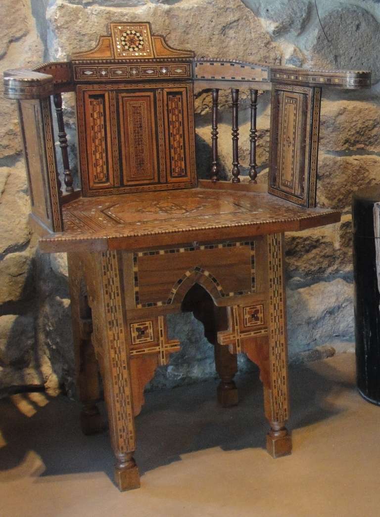 Early 20th century wood inlaid mosaic levatine chairs from Syria.