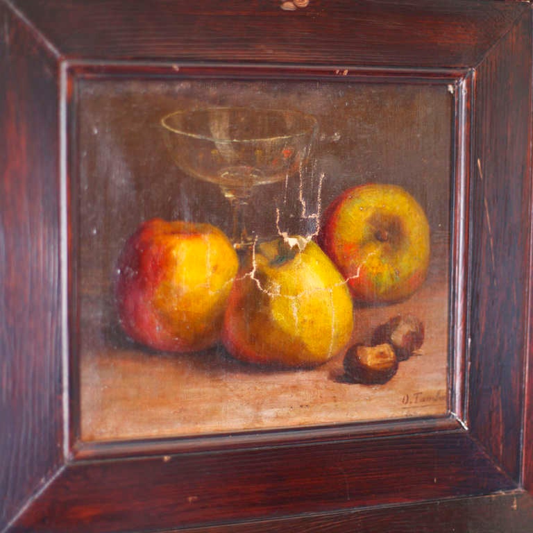 Distressed 19th century painting by French painter Tiembou. 

Features apples, chestnuts and a wine glass. There is a hole in the center of the canvas. In a dark painted wood frame.
