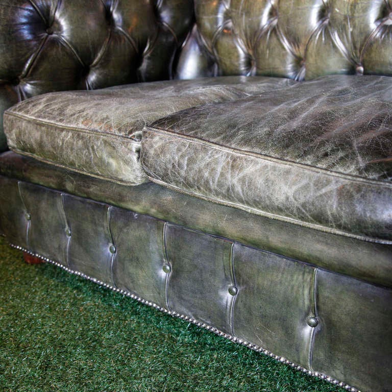 Green Leather Chesterfield Sofa's In Good Condition In Napa, CA