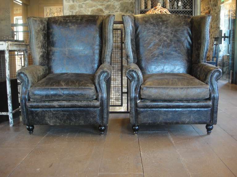 Approx 1980's English leather wingback chair set. Priced for the set of chairs.