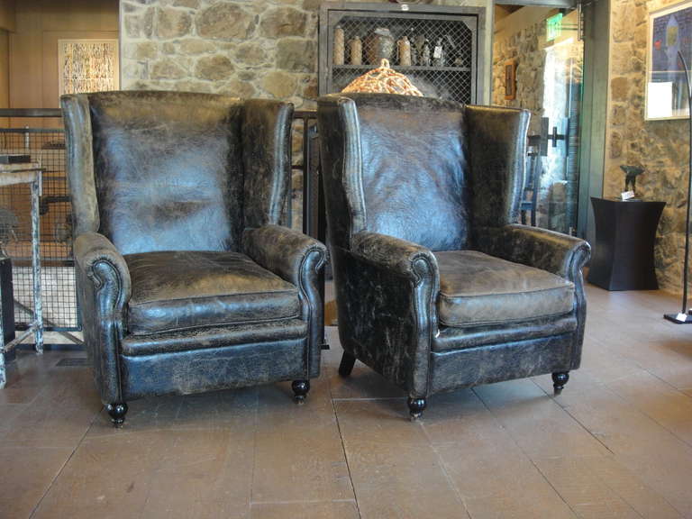 Pair of Leather Wingback Chair Set 4