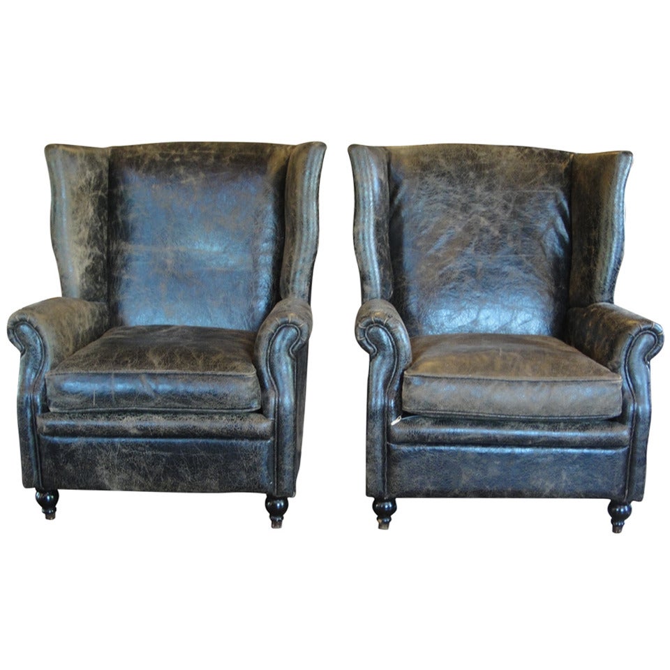 Pair of Leather Wingback Chair Set