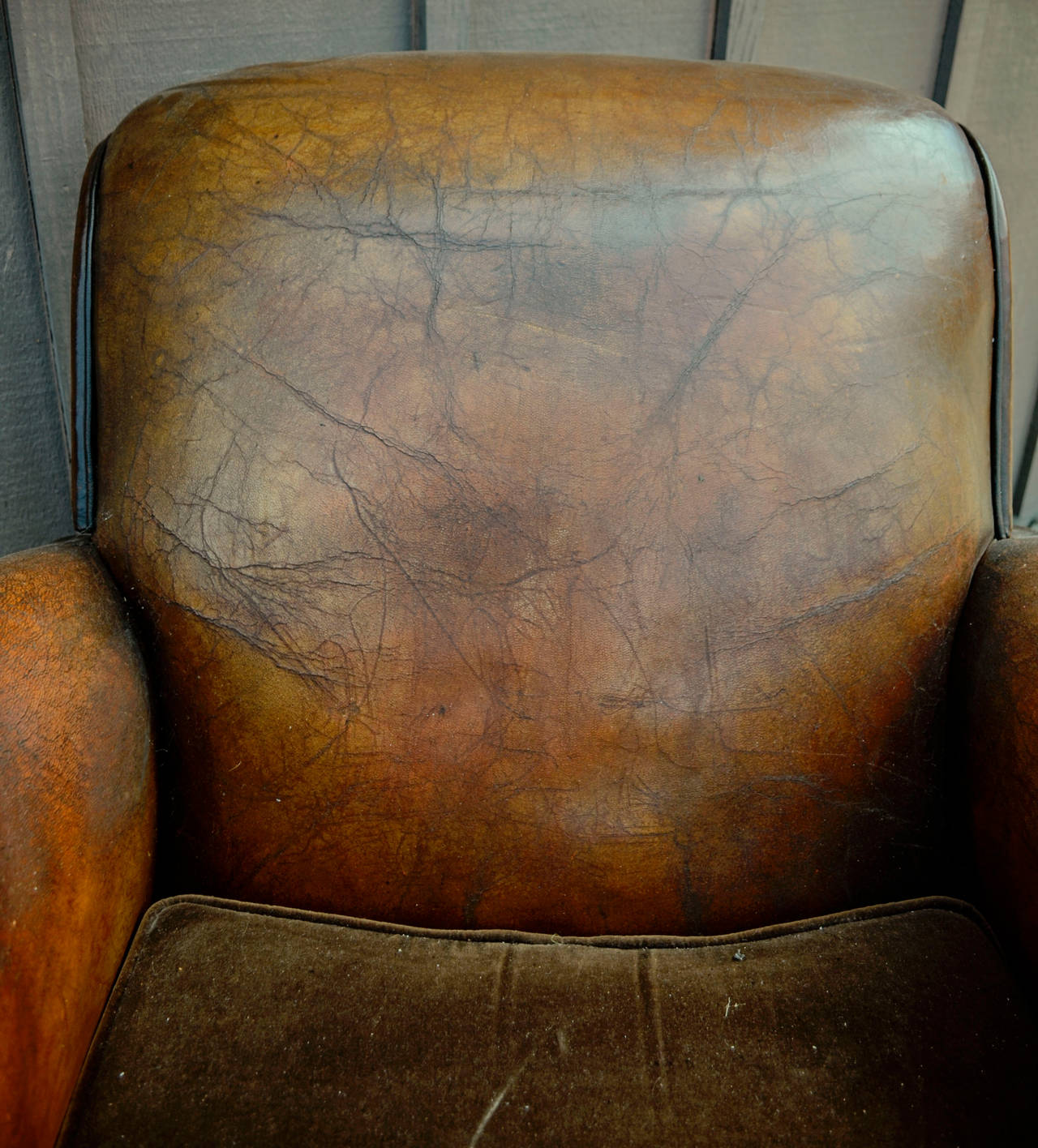Pair of French Leather Club Chairs with Velvet Cushions 1