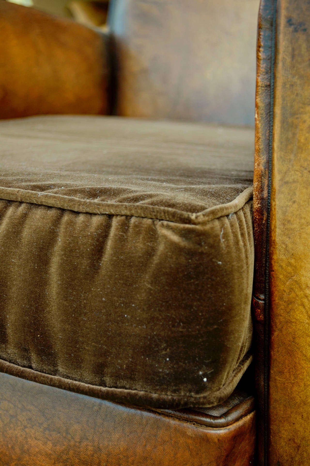 Great Britain (UK) Pair of French Leather Club Chairs with Velvet Cushions