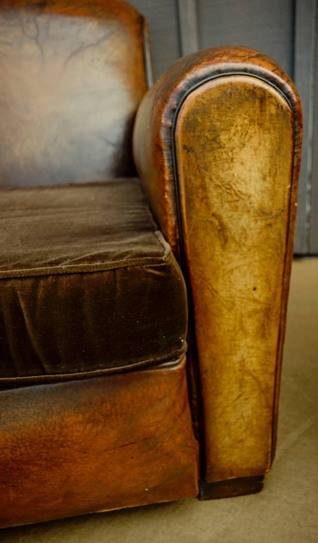 Pair of French Leather Club Chairs with Velvet Cushions In Good Condition In Napa, CA