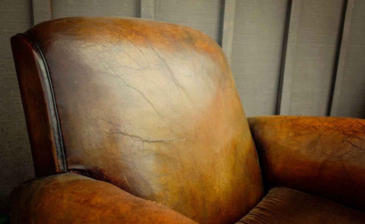 20th Century Pair of French Leather Club Chairs with Velvet Cushions
