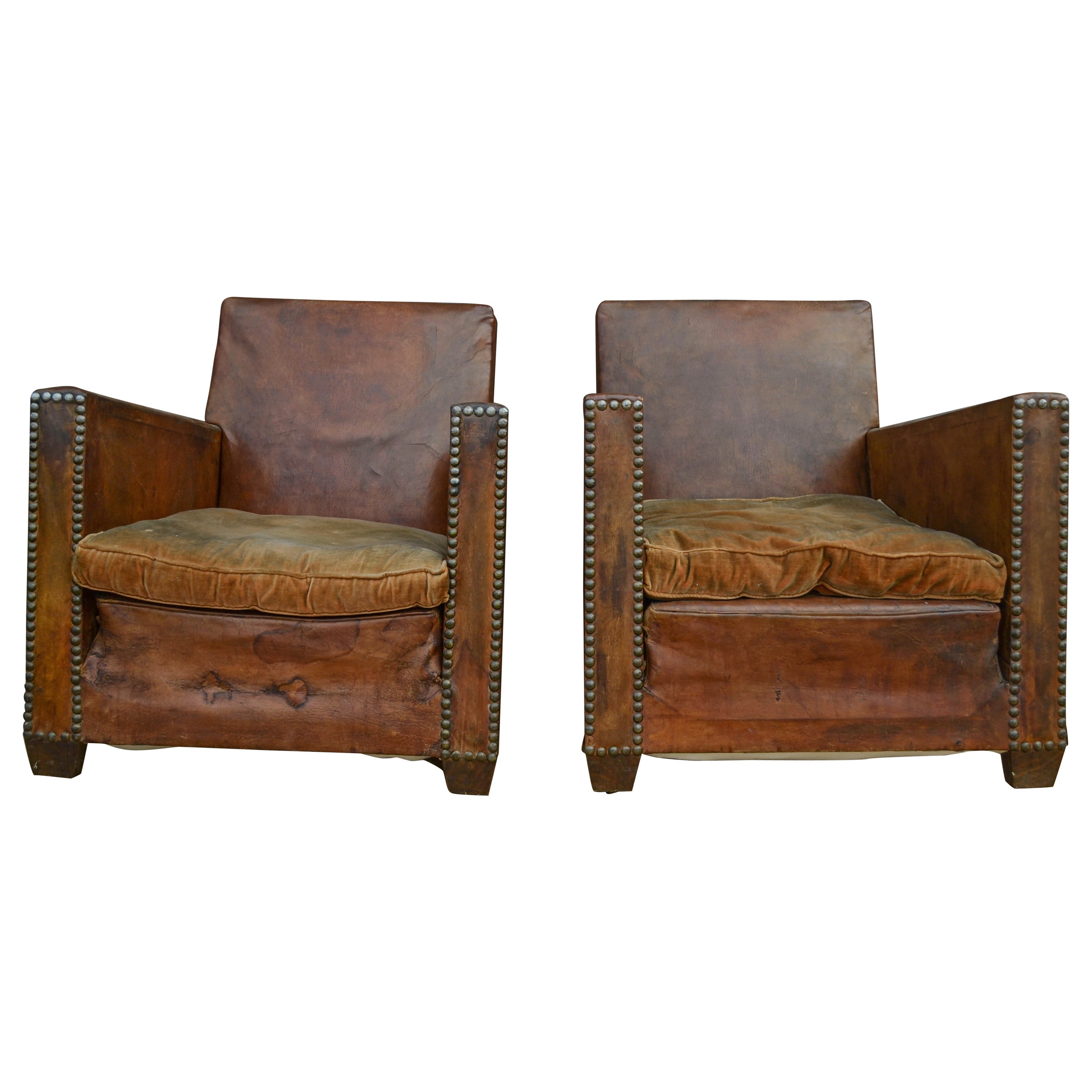 Pair of Leather Club Chairs For Sale