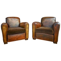Pair of French Leather Club Chairs with Velvet Cushions