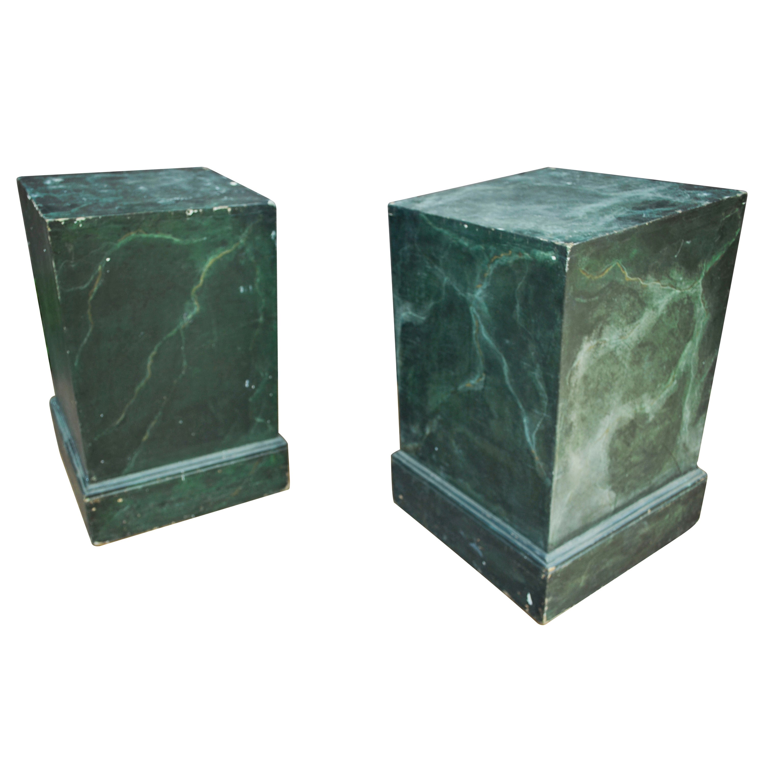Pair of Vintage Malachite Painted Wood Pedestals, c. Early 20th Century