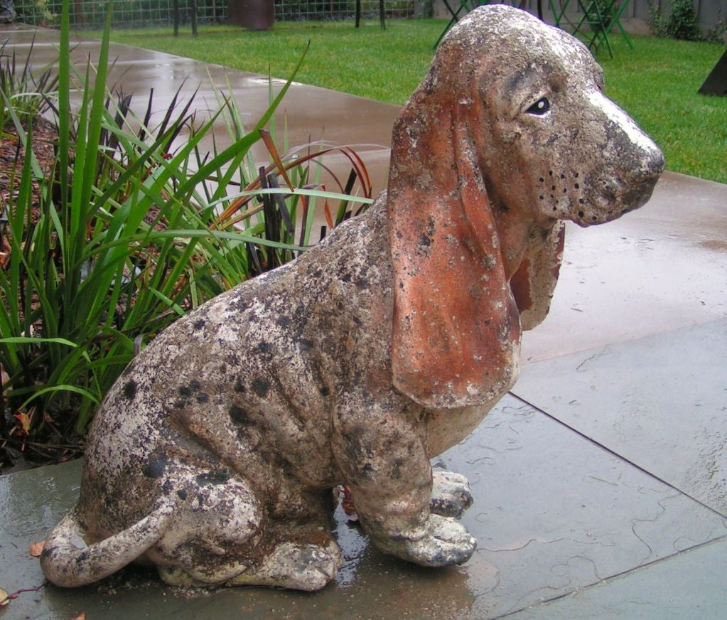 Charming French stone bassset hound with a lovely age appropriate patina.  Perfect for home or garden.