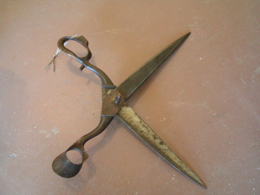 Large iron shears.  The hand holes are beautifully sculpted and suggest that the form was intended for gloved hands.  Perhaps used in leathermaking or metal work.