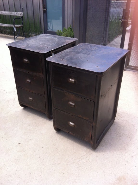 Pair of vintage industrial drawer sets. Patinaed steel. 