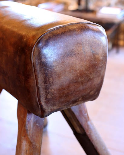 Beechwood and metal legs support an authentic leather Pommel horse from Romania.