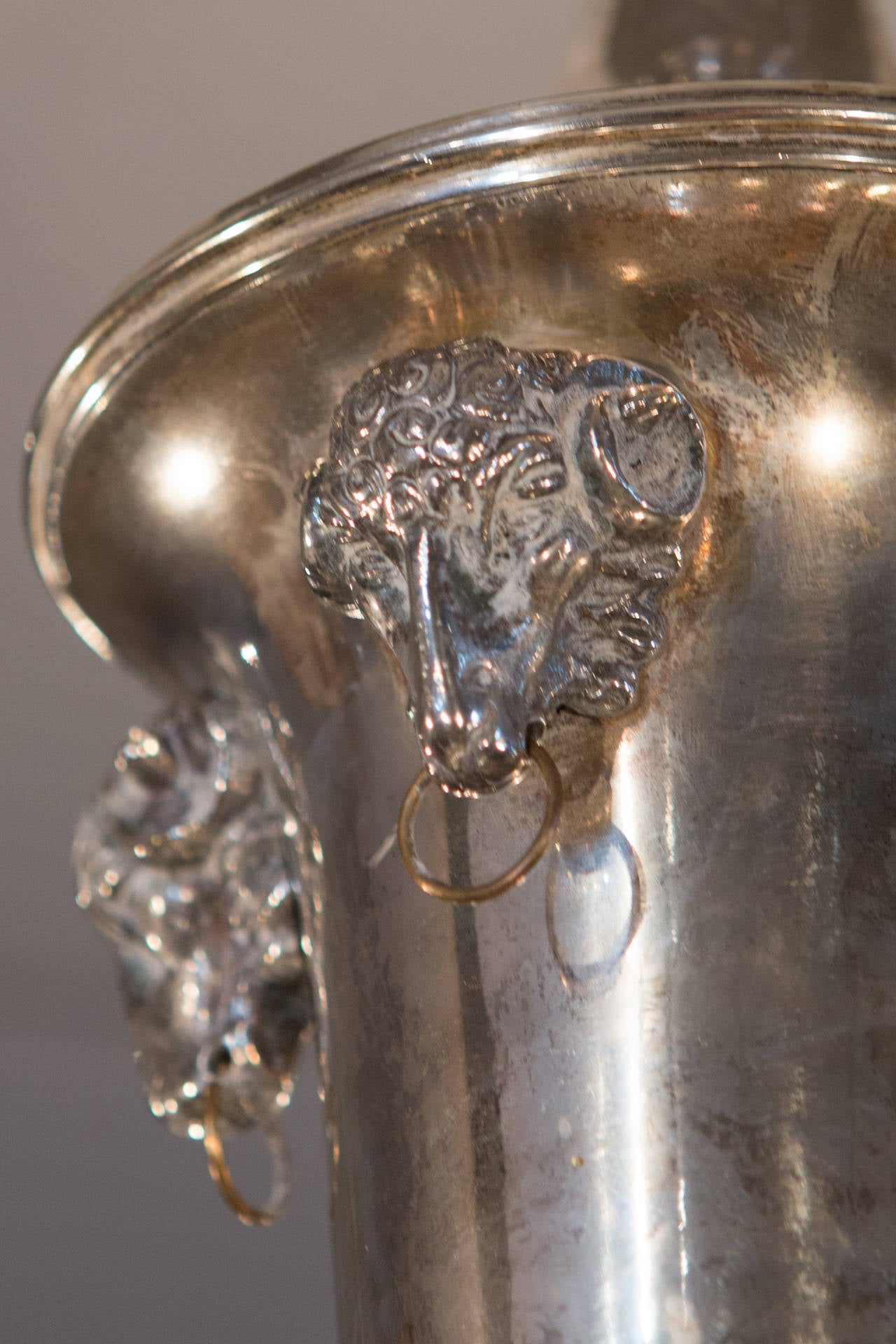 French Silver Plate Eight-Arm Chandelier with Ram's Head Detail For Sale 2