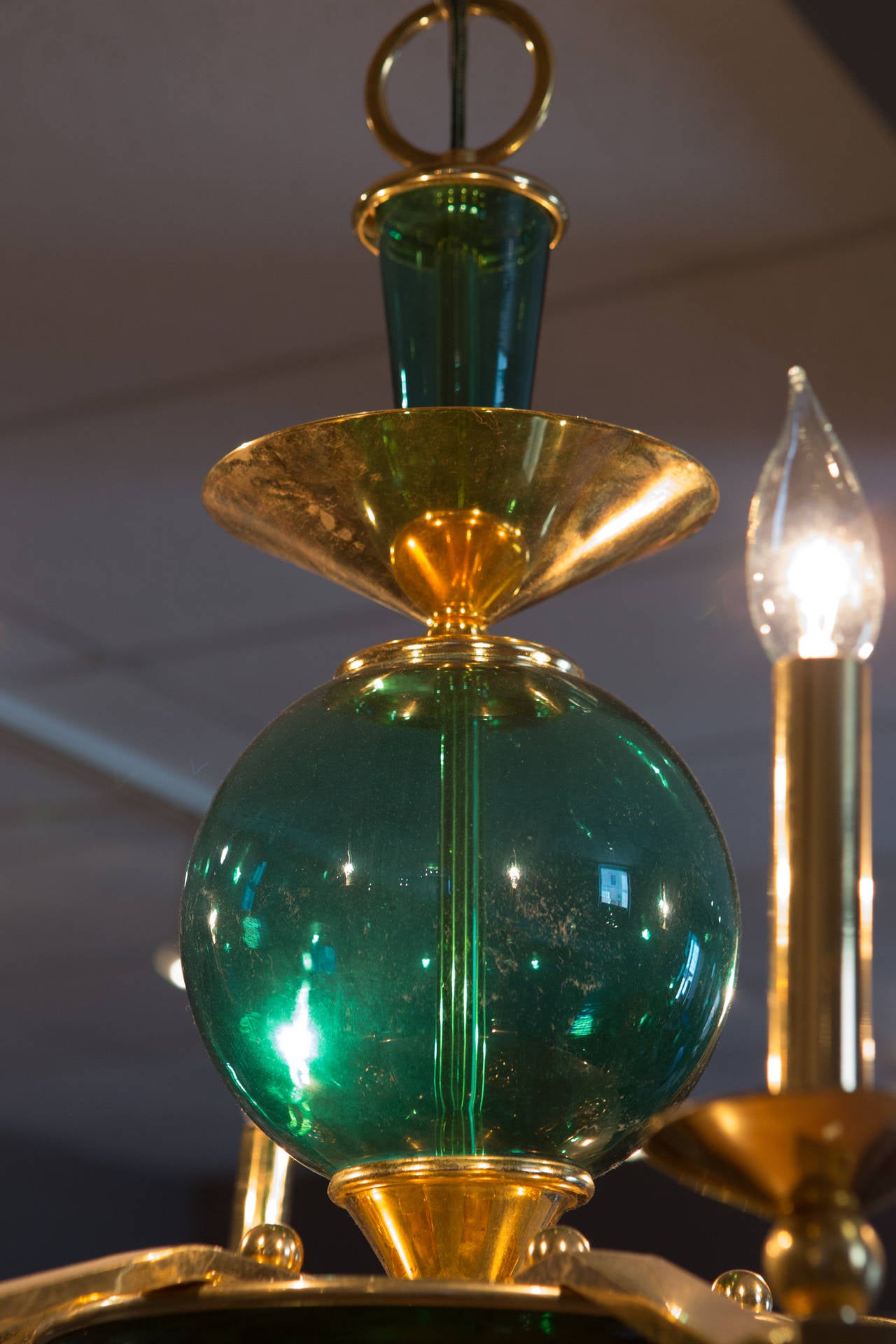 Brass Mid-Century Six-Arm Green Glass Chandelier