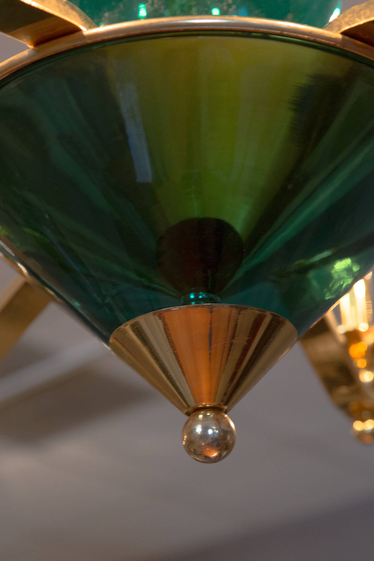 Mid-Century Six-Arm Green Glass Chandelier In Excellent Condition In New York, NY